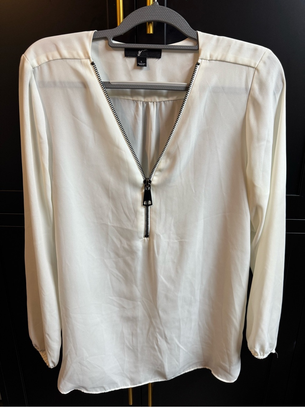 GNW Cream Zip-Front Long Sleeve Blouse